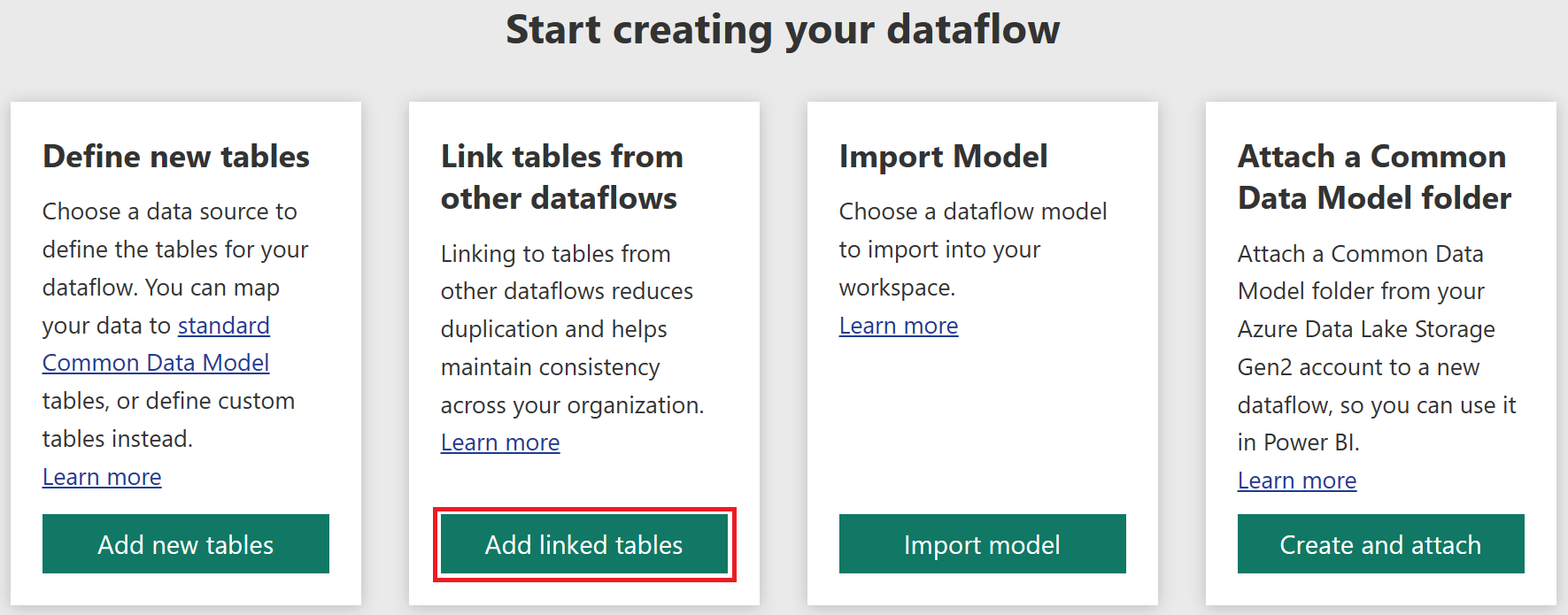 Screenshot showing how to add linked tables in the Power BI dataflow authoring tool.