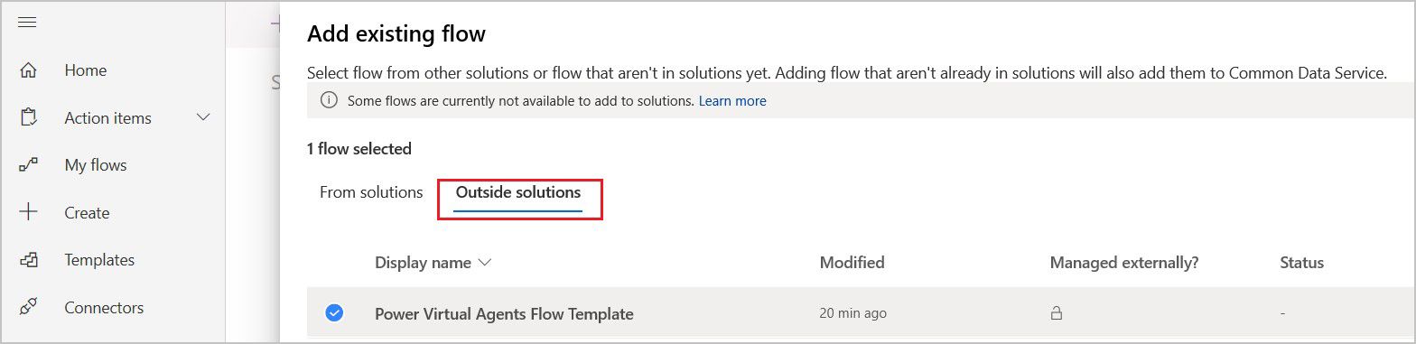 Screenshot of the list of existing flows outside of solutions.