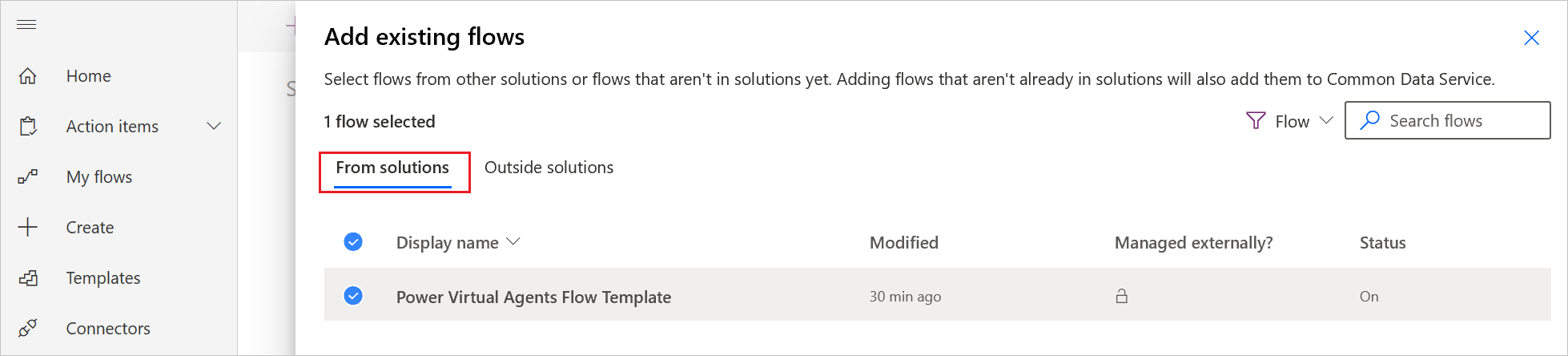Screenshot of the list existing flows in solutions.