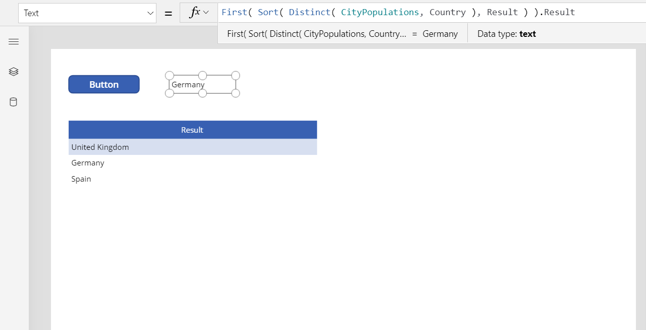Output from Distinct function showing the first country/region by name.