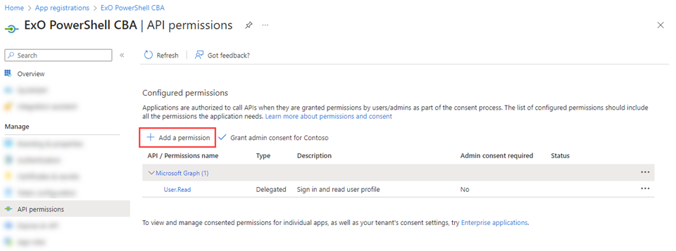 Select Add a permission on the API permissions page of the application.