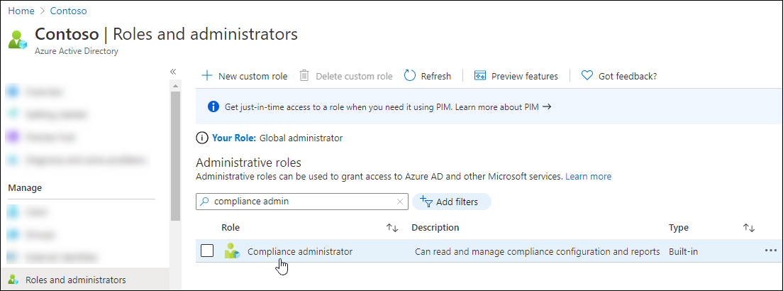 Find and select a supported Security & Compliance PowerShell role by clicking on the role name.