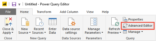 Screenshot of the Power BI ribbon. Advanced Editor is highlighted.