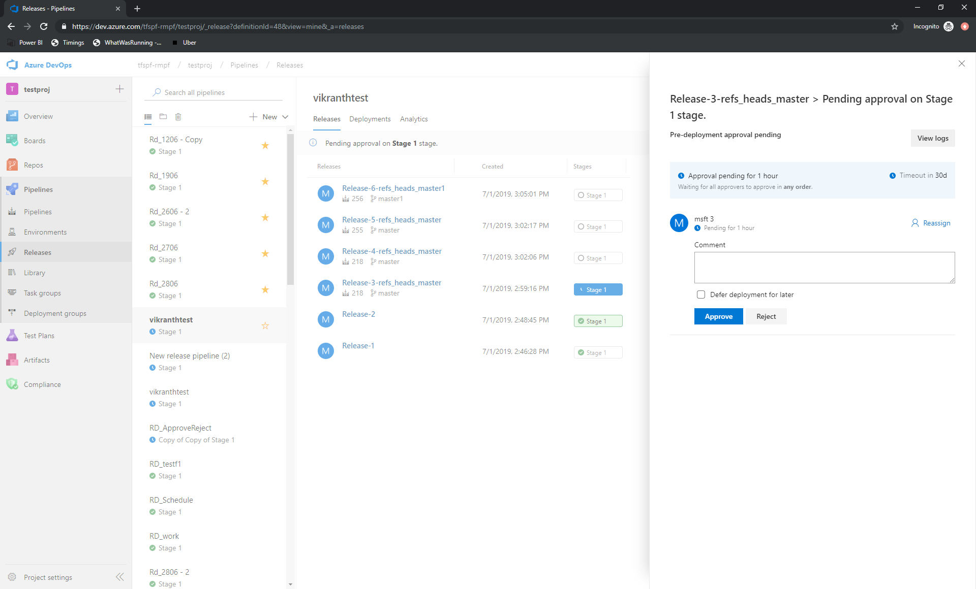 Approve releases directly from releases hub Screenshot showing how to approve releases directly from Release hub.