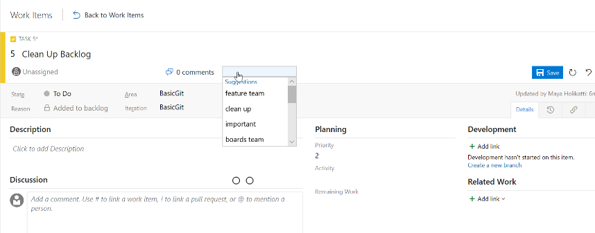 Most recent used tags displayed when tagging a work item Screenshot showing the most recent used tags displayed when tagging a work item.