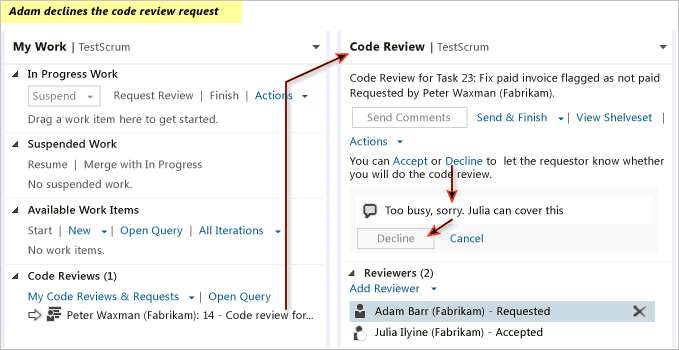 My Work page - code review item. Code Review page - Decline link, Comment, Decline button.