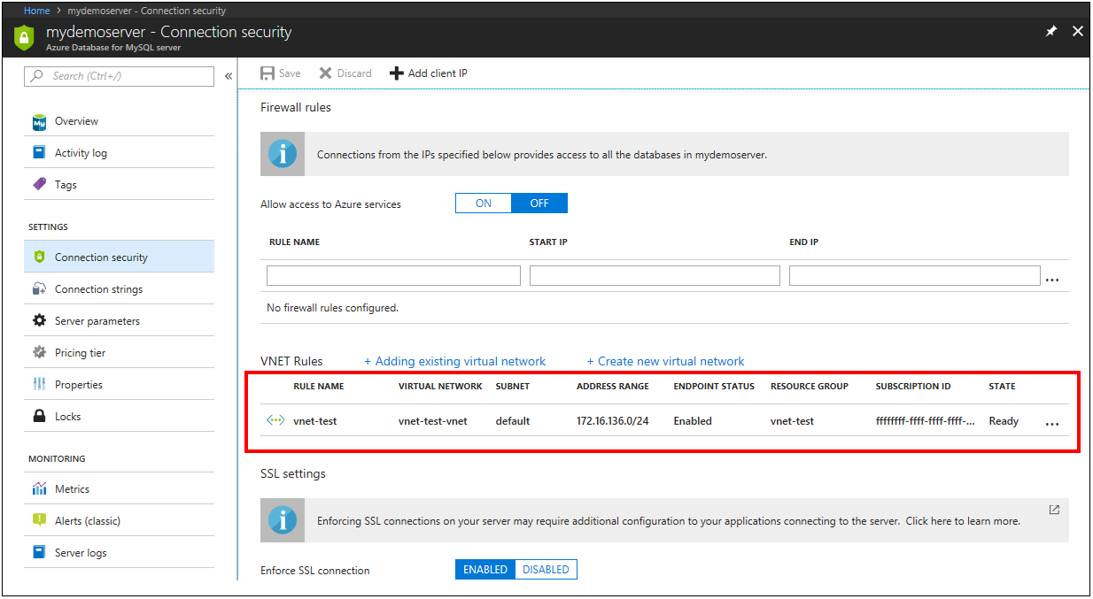 VNet service endpoints enabled and VNet rule created