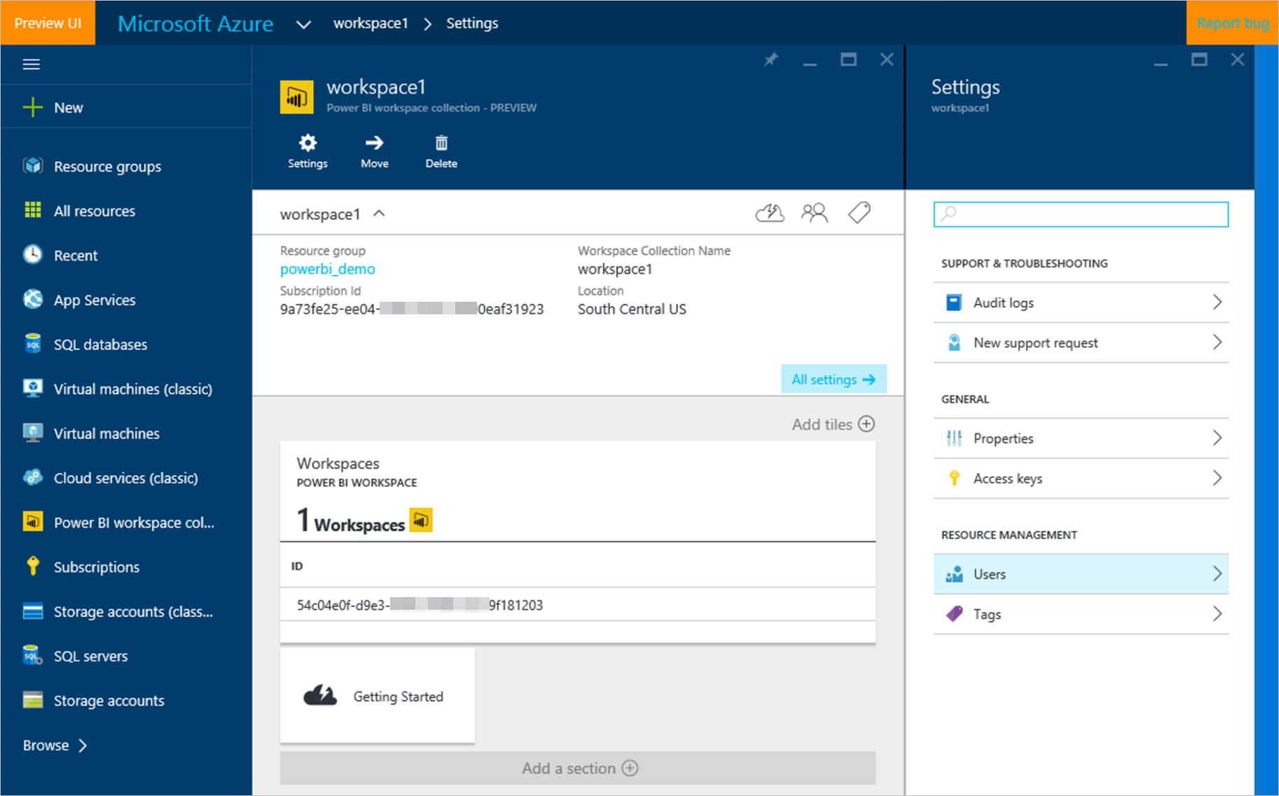 Workspace collection in the Azure portal