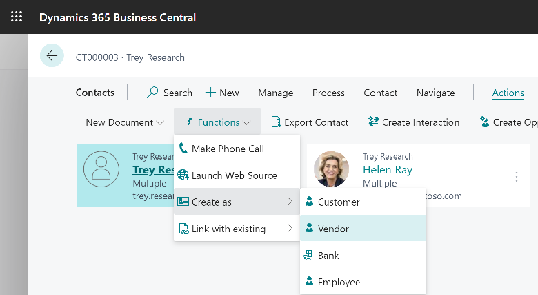 Shows Create as, Vendor functions to create a vendor from contact. Shows Create as, Vendor functions to create a vendor from contact.
