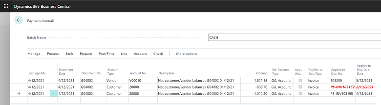 Shows payment journal lines that the Net Customer/Vendor Balances action creates. Shows payment journal lines that the Net Customer/Vendor Balances action creates.
