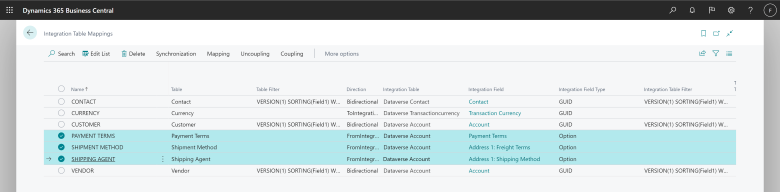 Shows integration table mappings for payment terms, shipment methods, and shipping agents. Shows integration table mappings for payment terms, shipment methods, and shipping agents.