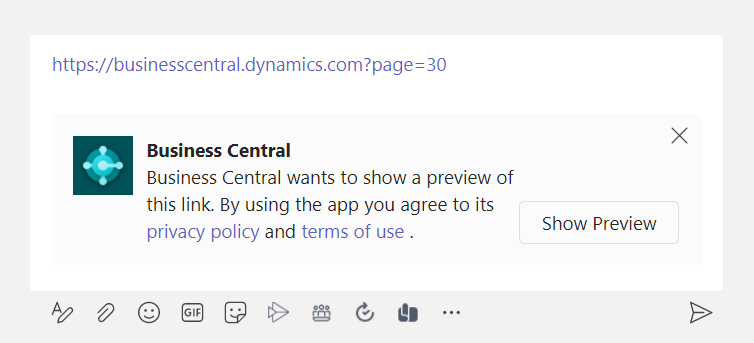 The compose area in Teams showing the banner after a Business Central link was pasted. The compose area in Teams showing the banner after a Business Central link was pasted.