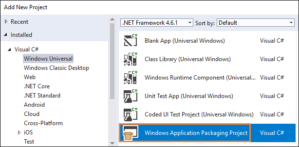 Screenshot that shows selecting Windows Application Packaging Project.
