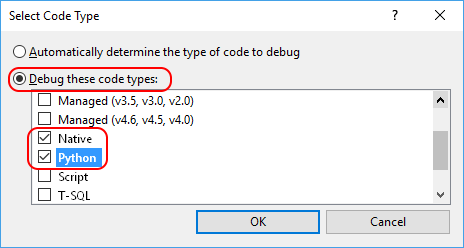 Selecting the Native and Python code types