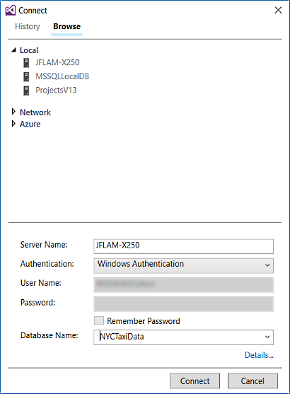 SQL connection dialog box