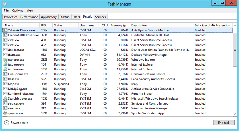 Screenshot showing processes on which DEP has been enabled in Windows 10.