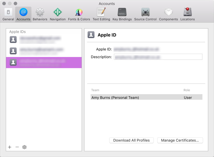 Xcode Preferences – Accounts