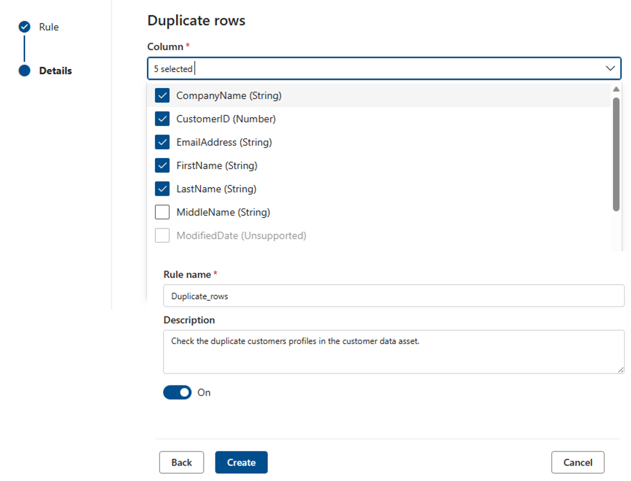 Screenshot of the menu to create a duplicate rows rule.