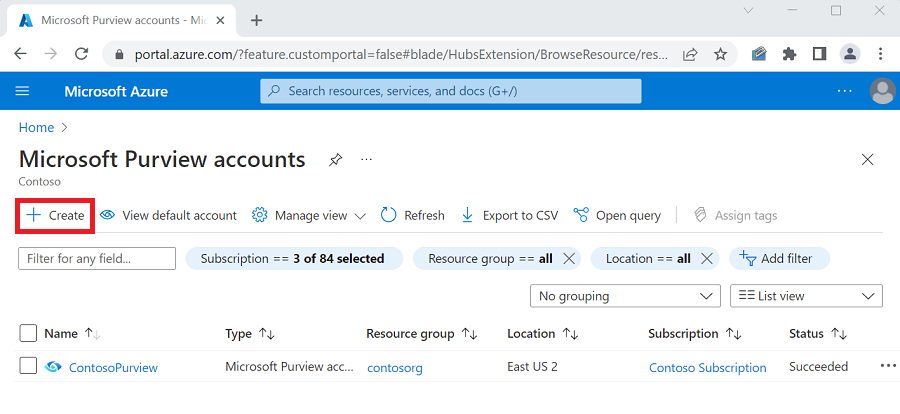 Screenshot of the Microsoft Purview accounts page with the create button highlighted in the Azure portal.