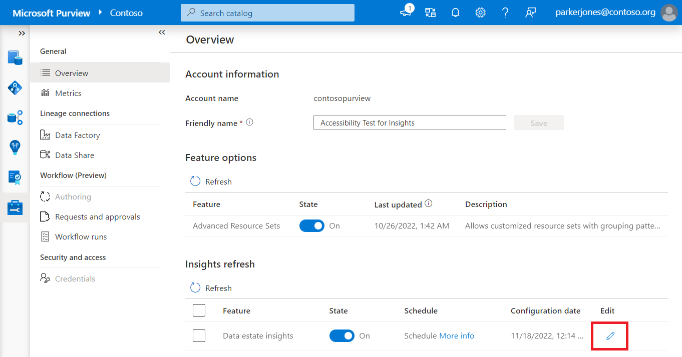 Screenshot of the Overview window in the Management section of the Microsoft Purview governance portal with the edit pencil in the Data Estate Insights row highlighted.