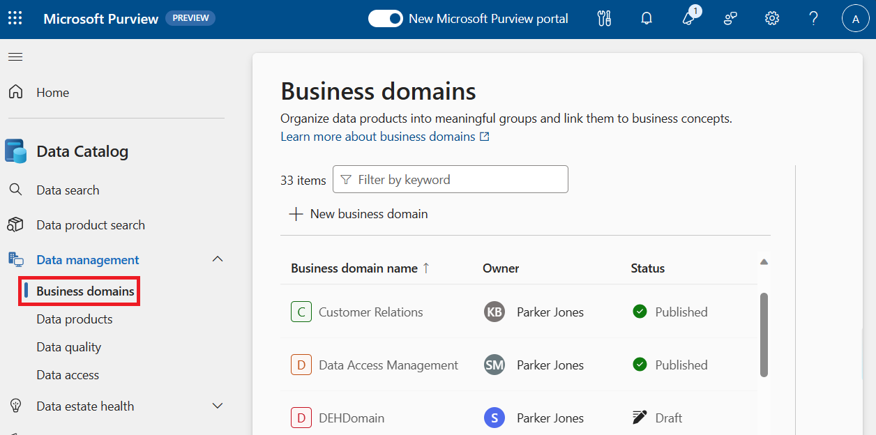 Screenshot of the business domains page in the Microsoft Purview portal.