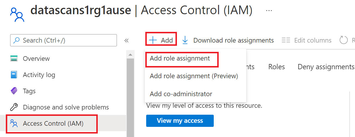 Screenshot that shows the section in the Azure portal for adding a role assignment.