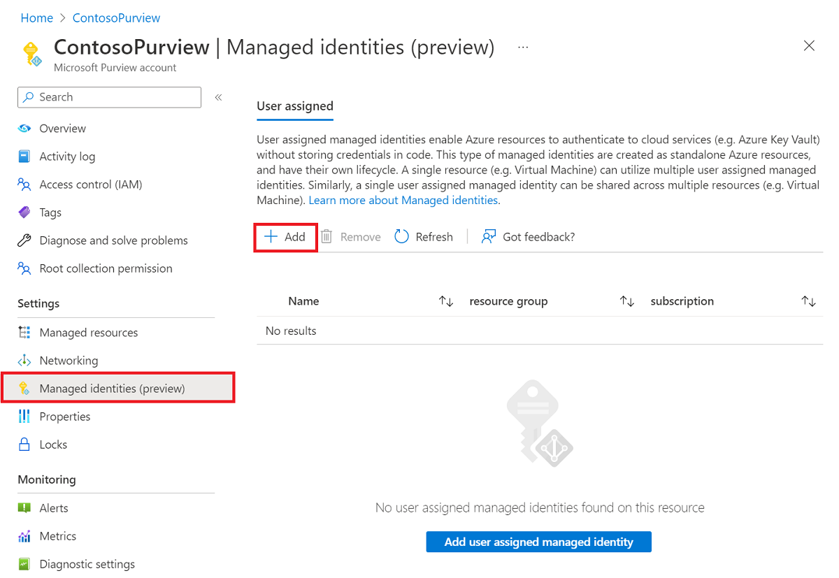 Screenshot showing managed identity screen in the Azure portal with user-assigned and add highlighted.