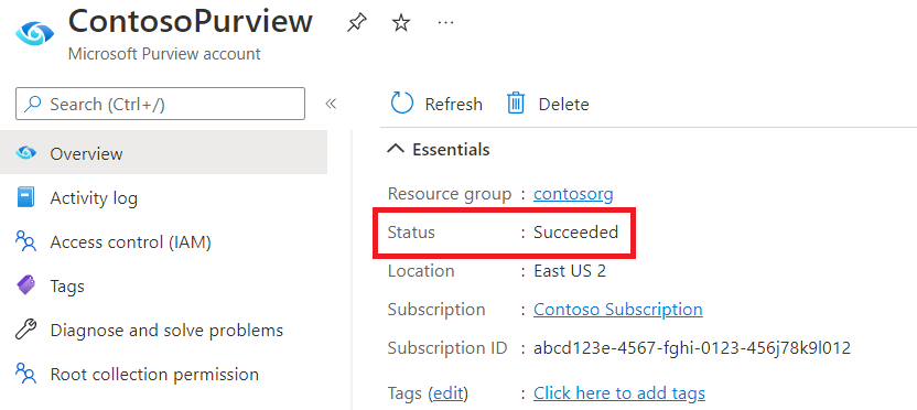 Screenshot the Microsoft Purview account in the Azure portal with Status highlighted under the overview tab and essentials menu.