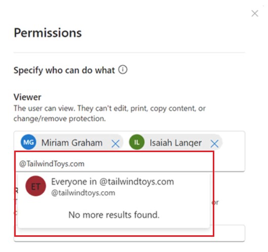 Office for web dialog box automatically displays a selectable entry for everybody in the organization when you type the @ character.