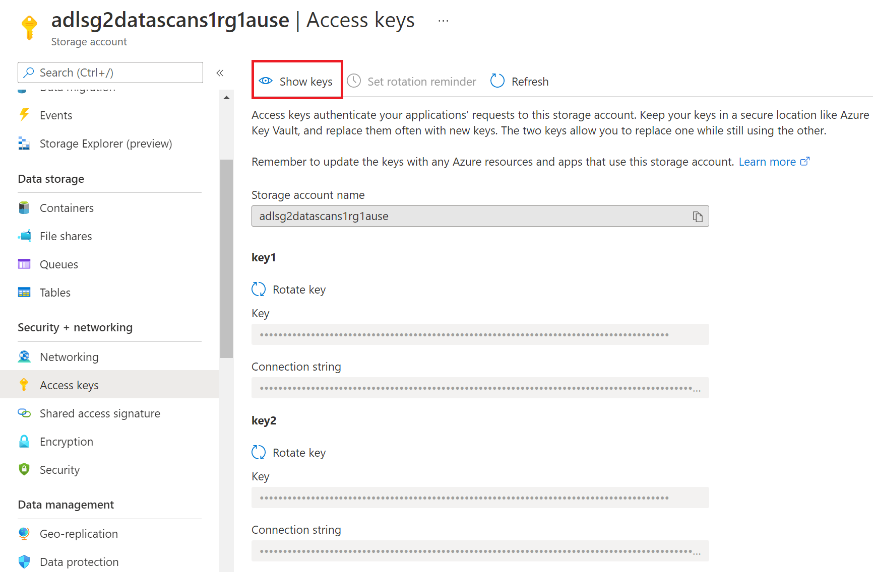 Screenshot that shows the access keys in the storage account
