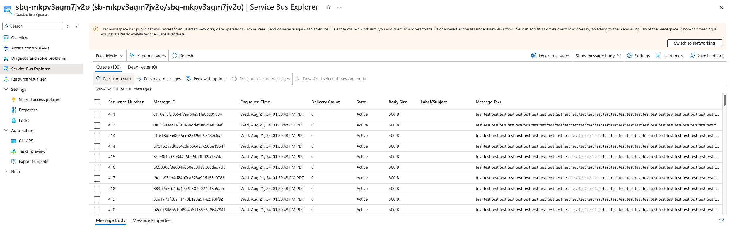 Service Bus explorer showing messages in the queue