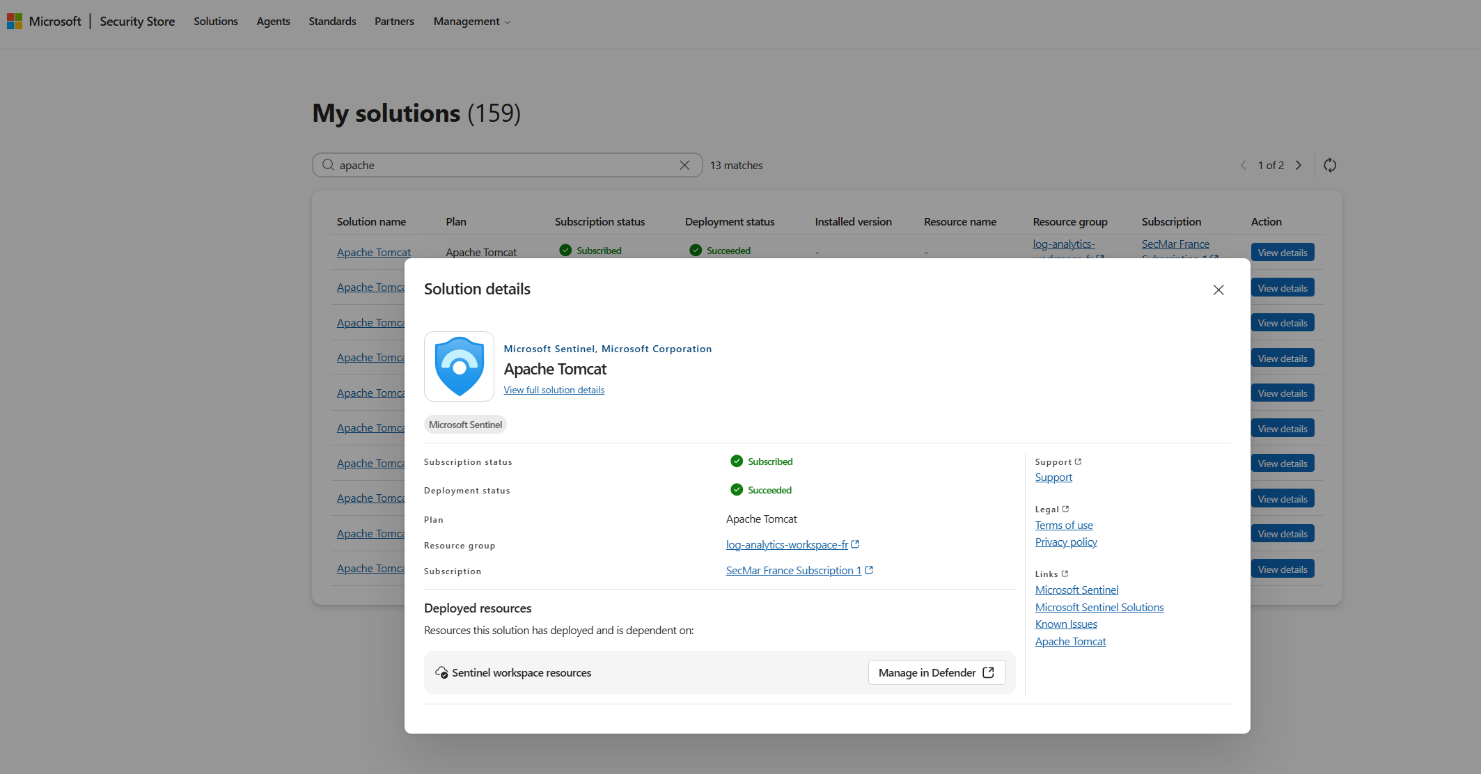 The solution deployment page showing workspace selection and deployment status.
