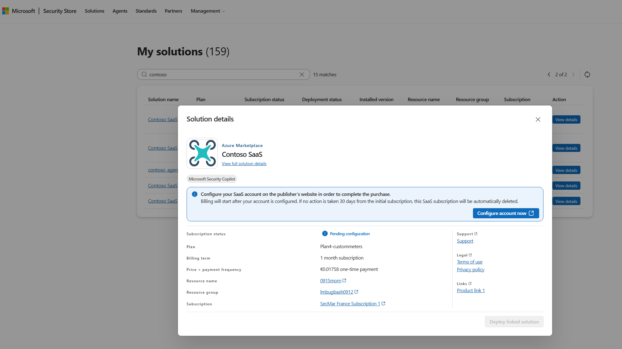 The SaaS solution details page showing subscription configuration options and management actions.