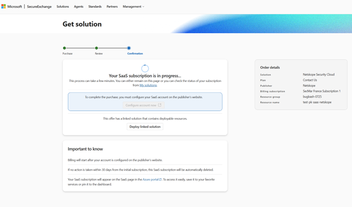 The My Solutions page displaying the SaaS subscription creation progress and status.