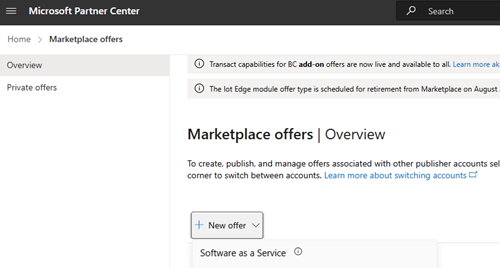 Screenshot of the Microsoft Partner Center home page showing the button for New Offer.