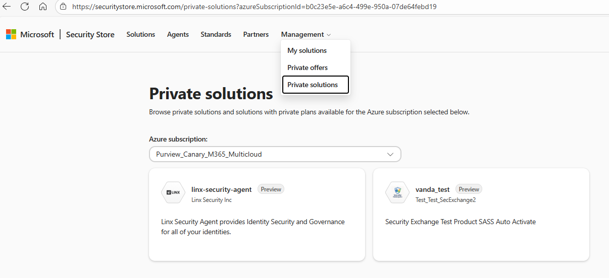 Screenshot of the Private solutions option under Management in Security Store menu.