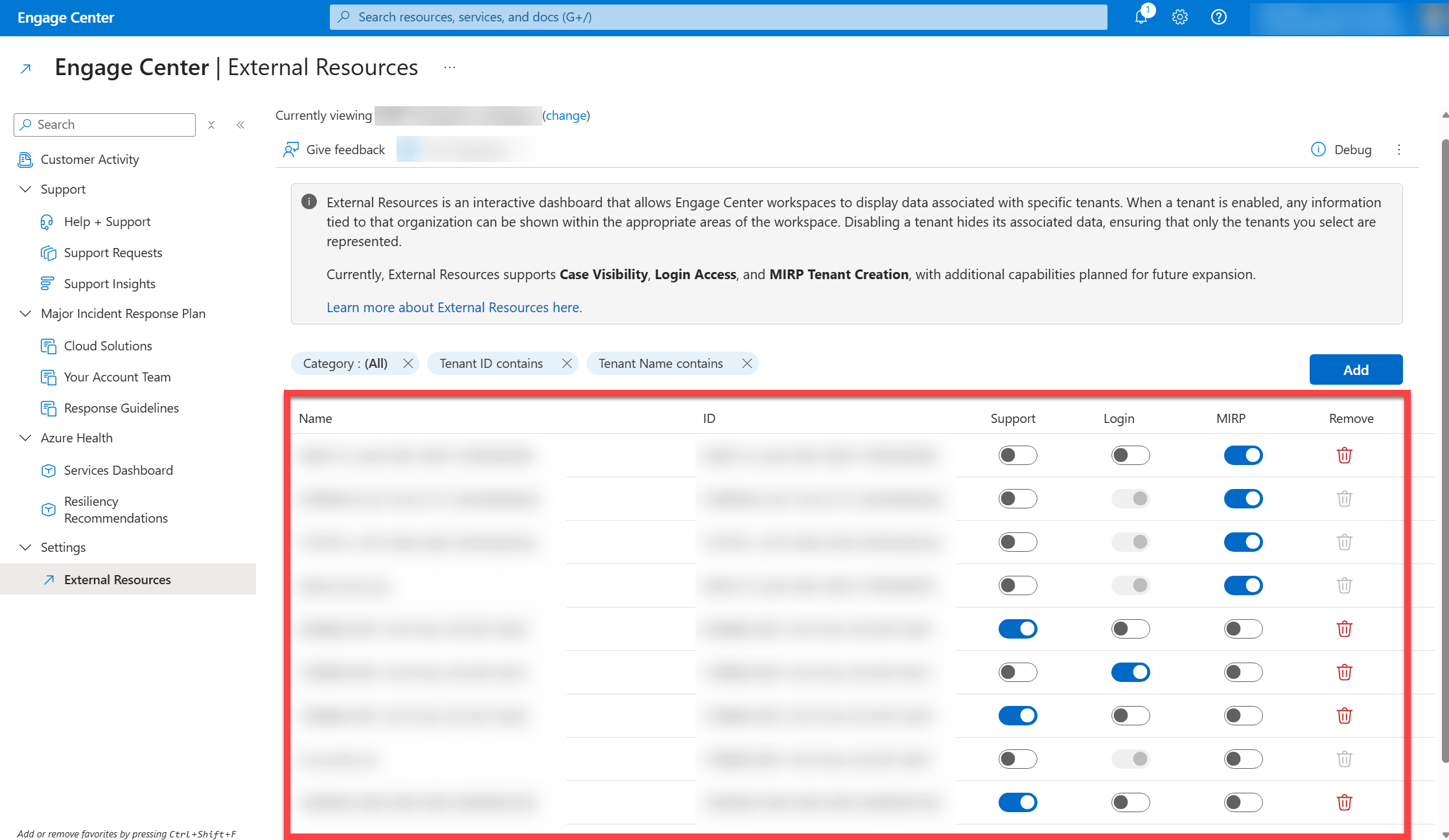  External Resources page tenant list. 