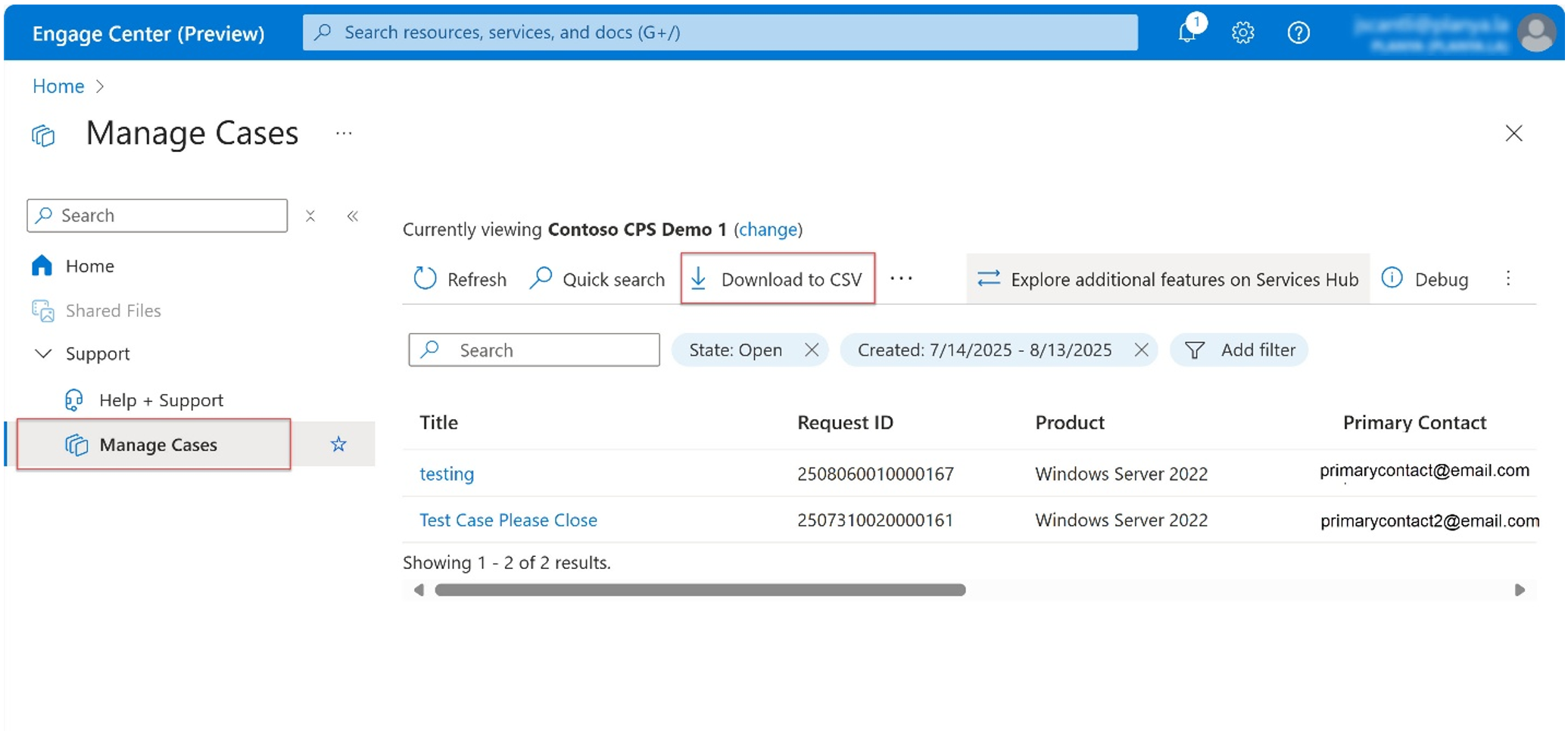  Download to CSV option on the Manage Cases page of Enagage Center. 