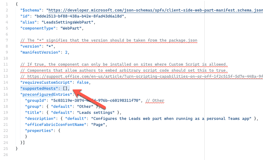 The supportedHosts property of a SharePoint Framework web part used as a personal app configuration UI