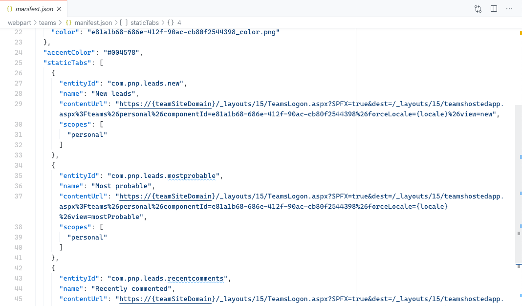 Microsoft Teams app's manifest defining a personal app with multiple tabs pointing to SharePoint Framework web parts