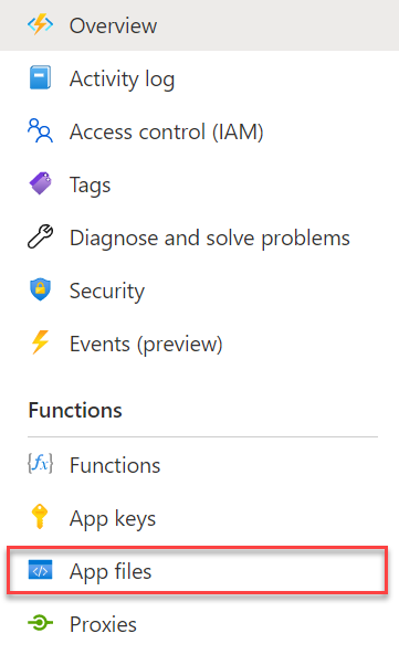 Screenshot of the Function App with the App Files entry highlighted in the menu