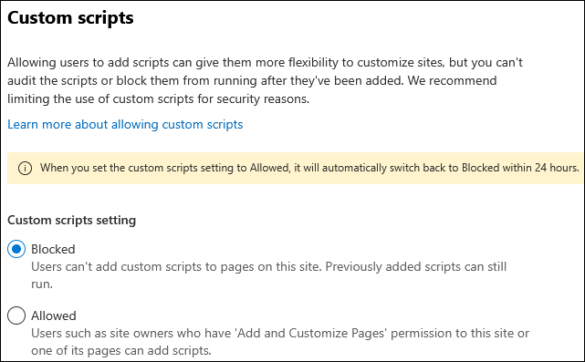 Screenshot that shows the custom script settings.