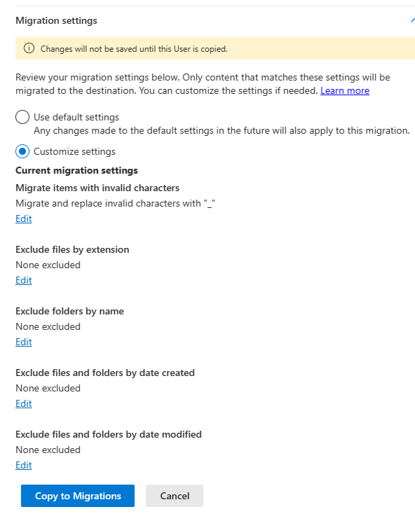 select edit to update any migration setting