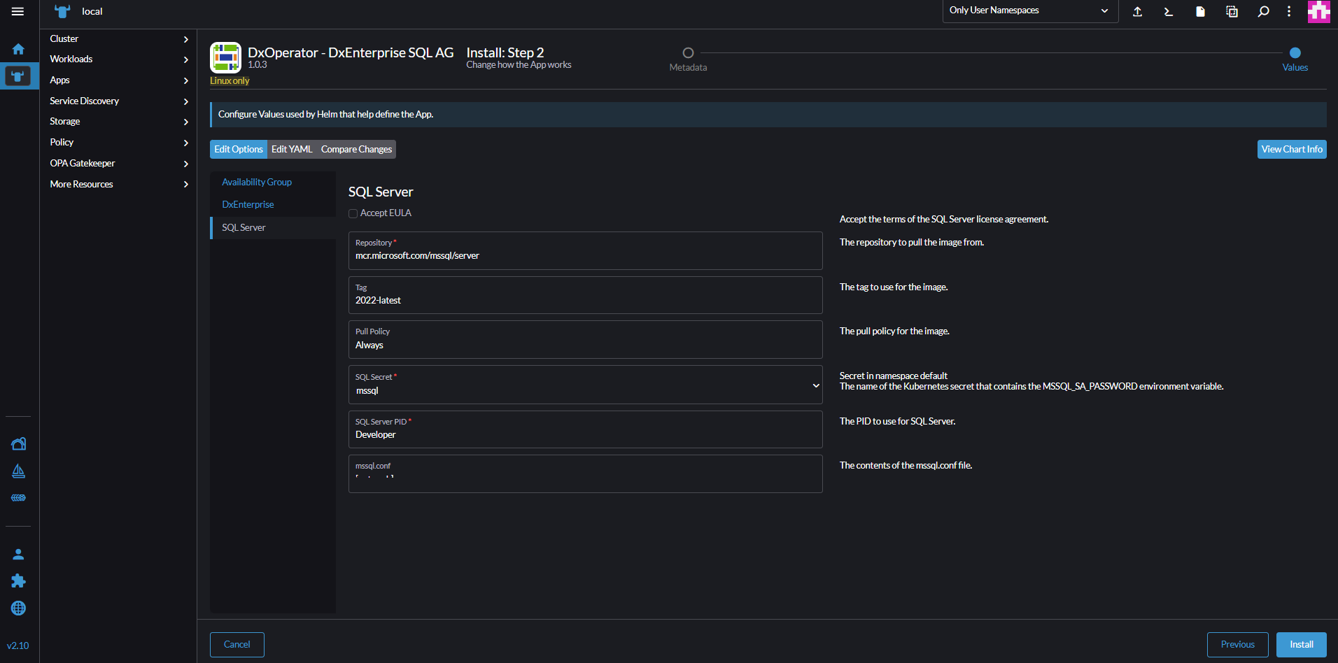 Screenshot of the cluster options.