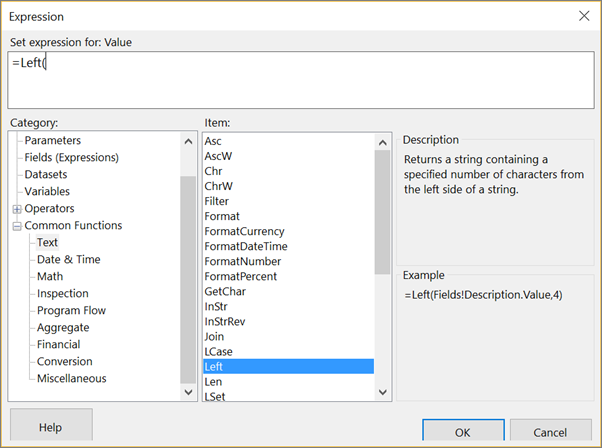 Screenshot that shows how to add a Left function to an expression.