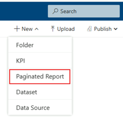 Screenshot of the New Paginated Report menu.