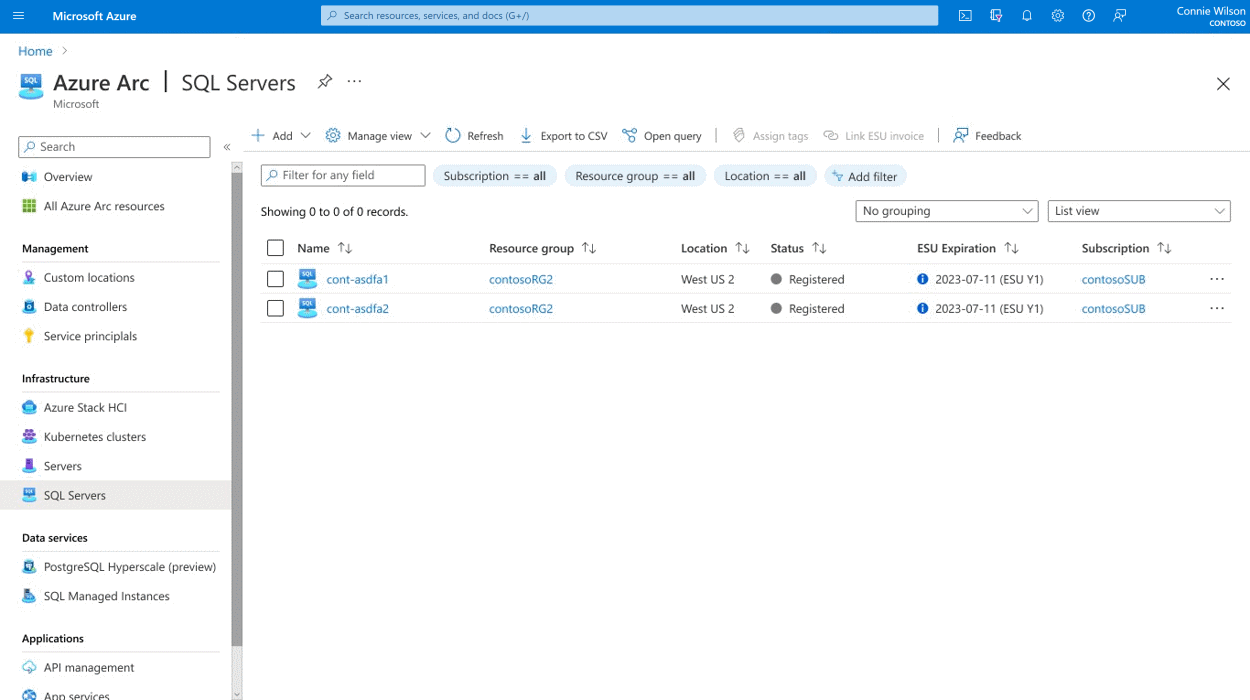 Screenshot of two registered SQL Server instances on the Azure Arc portal.