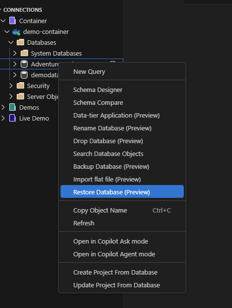 Screenshot of the Restore Database option in the Object Explorer context menu.