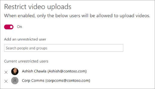 Microsoft Stream (Classic) restricting uploaders in admin setting.