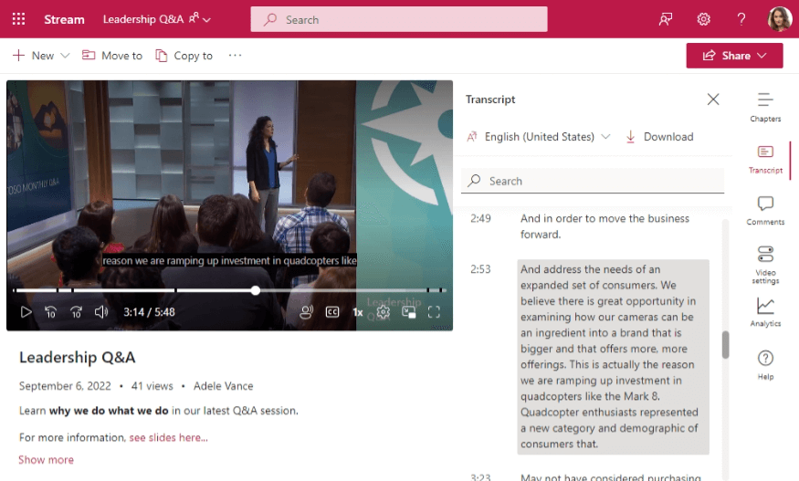 Video player for files in OneDrive & SharePoint with transcript.
